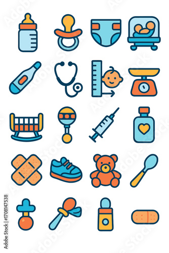 Pediatric Care icons in modern flat vector style in minimalistic vibrant color design: baby bottle, pacifier, diaper, infant incubator, baby