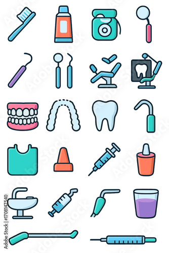 Dental Care icons in modern flat vector style in minimalistic vibrant color design: toothbrush, toothpaste tube, dental floss, mouth mirror, probe