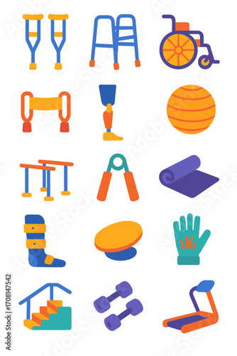 Rehabilitation Icons icons in modern flat vector style in minimalistic vibrant color design: crutches, walker frame, wheelchair, therapy ball,