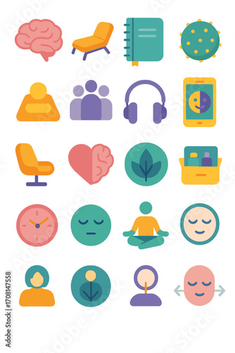 Mental Health icons in modern flat vector style in minimalistic vibrant color design: brain icon, therapy couch, journal notebook, stress ball,