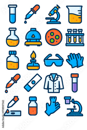 Laboratory Icons icons in modern flat vector style in minimalistic vibrant color design: test tube, pipette, microscope, beaker, flask, centrifuge,