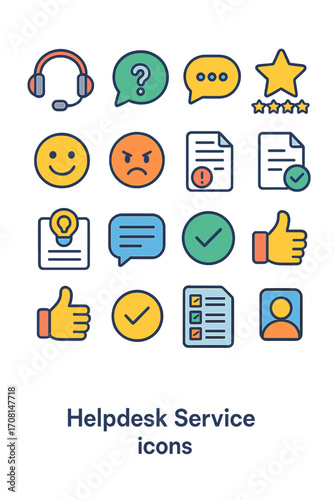 Helpdesk Service icons in modern flat vector style in minimalistic vibrant color design: headset icon, support bubble, chat message, star rating,