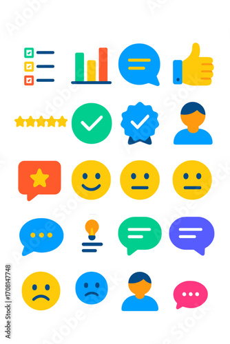 Feedback System icons in modern flat vector style in minimalistic vibrant color design: survey sheet, poll graph, chat bubble, thumbs up, thumbs down,