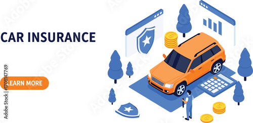 Car insurance cartoon illustration, vehicle protection, financial safety, shield icon, calculator and coins vector for auto coverage and risk management