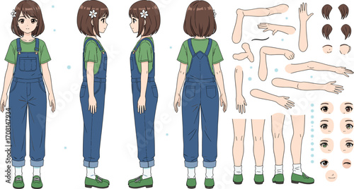 Youth Character Design Sheet with Overalls, Flower Hairpins, Expressions, Poses, and Custom Parts for Animation and Illustration Projects