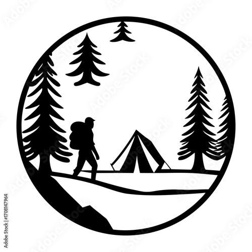 Silhouette of adventurer hiking in mountain landscape with tent vector
