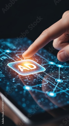 Finger touching an AD icon on a digital tablet screen.