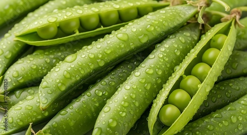 Close-up view of fresh green peas in pods, showcasing vibrant green color and water droplets.