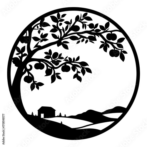 Silhouette apple tree barn and hills in circle design vector