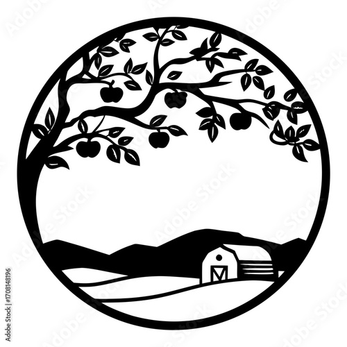Circle silhouette apple tree barn hills farm landscape vector