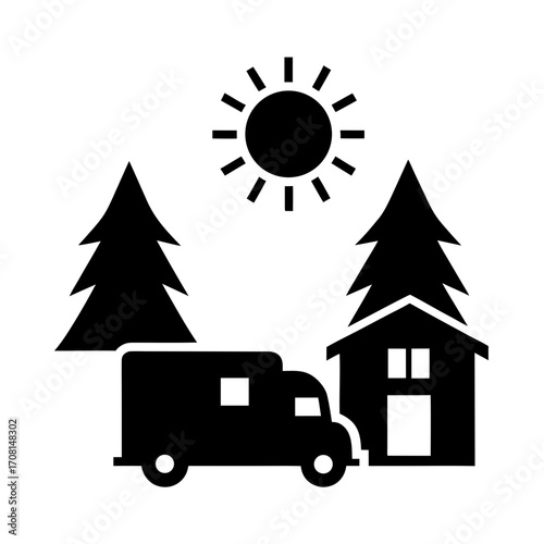 Silhouette of rv traveling past trees and house vector