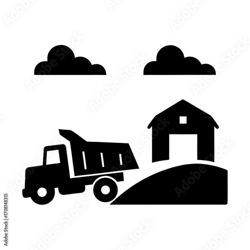 Articulated dump truck silhouette near barn clouds vector