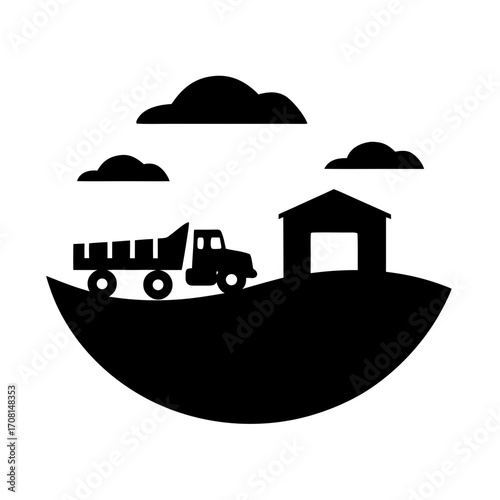 Silhouette articulated dump truck near barn and clouds circle vector