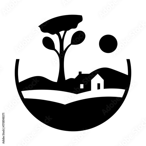 Circle silhouette ash tree farmhouse countryside landscape scene vector