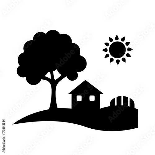Silhouette ash tree farmhouse sun rolling hills countryside scene vector