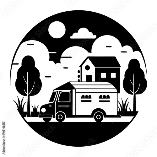 Farmhouse yard bakery van silhouette scene outdoors vector