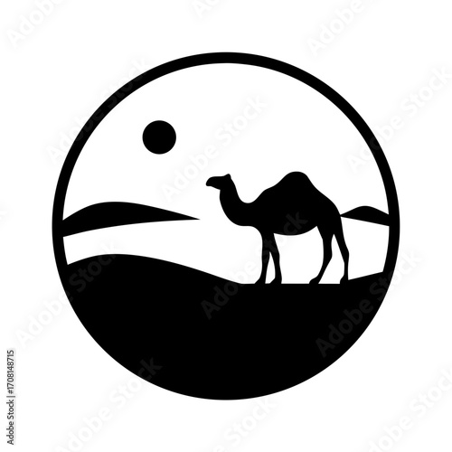 Desert caravan silhouette camel sand dunes sunset circle vector