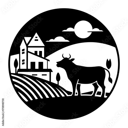 Farmhouse silhouette with bull under moon and clouds vector