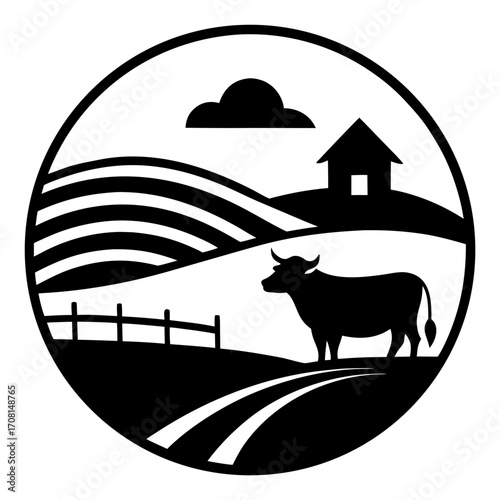 Farmhouse silhouette with bull in pasture circle scenic vector