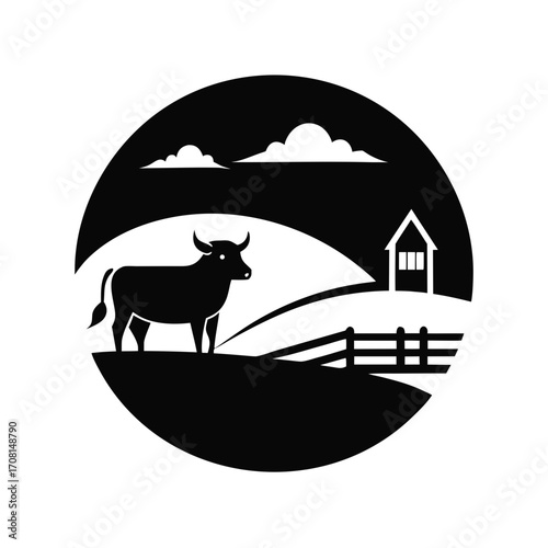 Farmhouse bull silhouette circle nature landscape rural scene vector