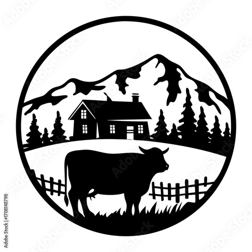 Farmhouse silhouette bull mountain landscape circle farm scene vector