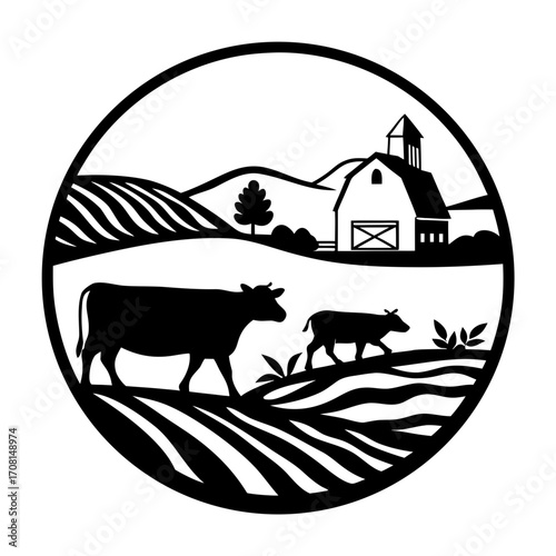 Farmhouse silhouette scene with cow and calf rural landscape vector
