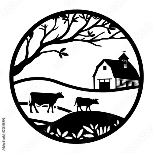 Farmhouse scene silhouette with cow and calf in circle vector