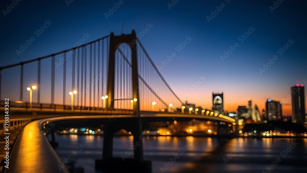 Fototapeta premium Suspension bridge at dusk illuminated by warm city lights, showcasing an urban landscape.