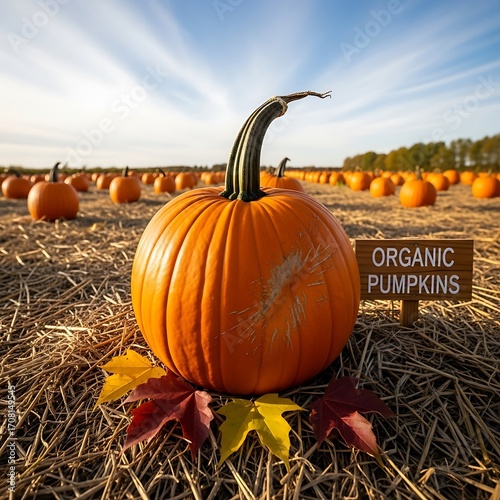 A vibrant orange pumpkin sits amidst a field of pumpkins, nestled on straw with autumn leaves.