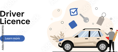 Driver license cartoon illustration, car and checklist, pencil and folder, driving permit concept vector for education and transport content