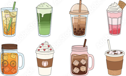 Assorted Beverage Illustration Set with Bubble Tea, Coffee, Lemonade, Matcha, Parfait, and Mason Jar Drinks in Stylized Containers
