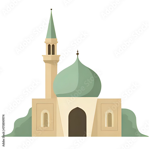 Cartoon illustration of a beige mosque with a teal dome and minaret.