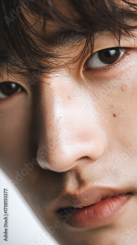 Young Korean man with intense gaze and captivating expression captured in close-up