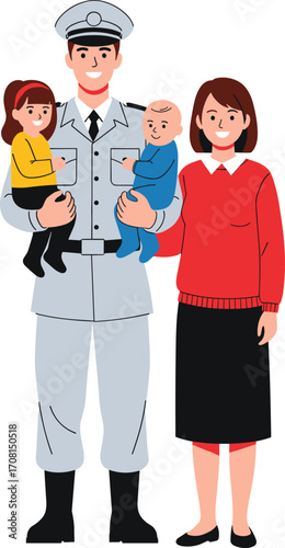 Family cartoon illustration with uniformed parent, emotional reunion scene, children and spouse vector for service, support, and homecoming content