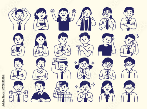 A grid of various hand-drawn doodles of diverse cartoon people showing different facial expressions and gestures in a simple, minimalist line art style.
