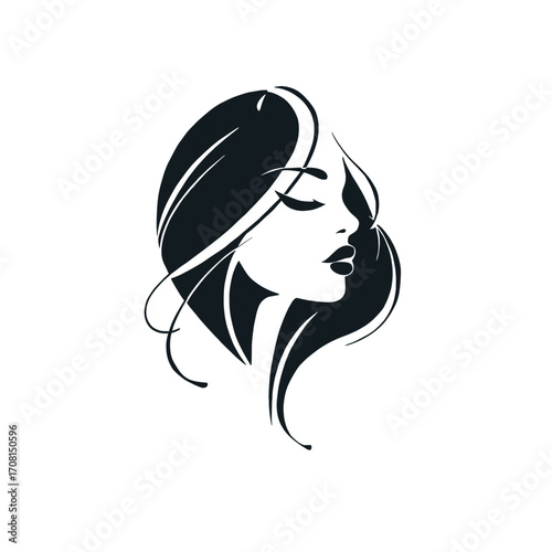Stylish logo design of a woman profile with long flowing hair, perfect for beauty salon and hairdresser branding
