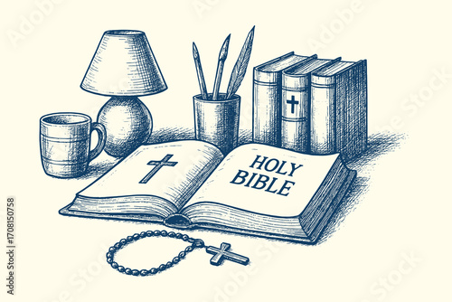 a devout, hand-drawn illustration depicting an open holy bible with a rosary, a lamp, and writing implements, symbolizing faith, study, and contemplation