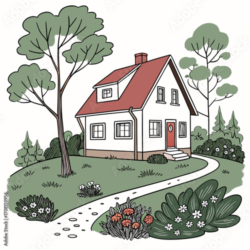 House with red roof and trees