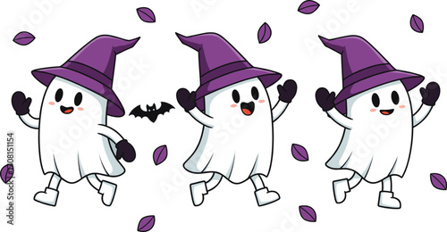 Halloween Ghost Characters Dancing with Witch Hats, Boots, Bat, and Leaves in Fun Cartoon Style for Festive Seasonal Illustration