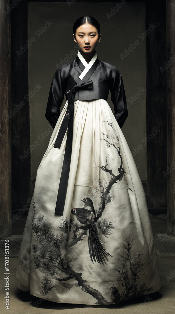 Naklejka premium Traditional Korean Hanbok displayed by a model in an elegant setting with artistic designs on the fabric