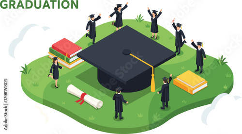 Graduation cartoon illustration, academic celebration, diploma and cap, student success vector for education milestone and university achievement content