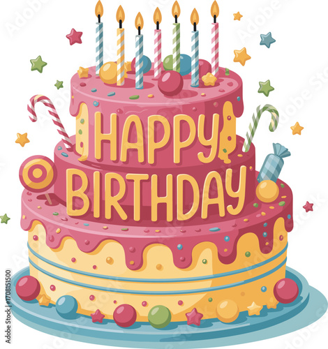 Cartoon birthday cake, colorful dessert illustration, festive celebration design, candles and candy, sweet treat vector, party decoration, stock image artwork
