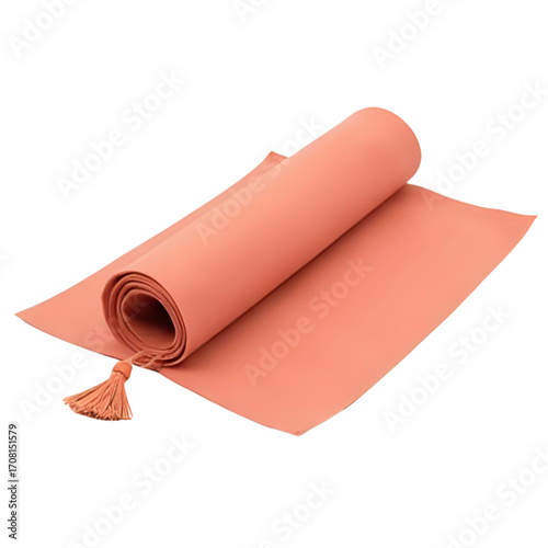 Coral-colored rolled table runner with tassel detail, elegantly unfurling on a white background.