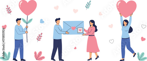 Love and affection cartoon set, heart balloon, romantic gesture, emotional connection, cheerful vector illustration for relationship and celebration content