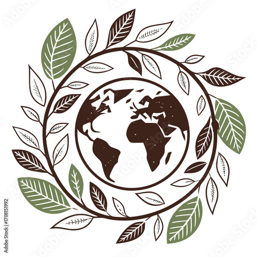Earth globe surrounded by leaves, symbolizing ecology and environmental awareness