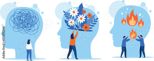 Mental Health Concept Illustration with Scribble, Flowers, and Flames Inside Human Heads Representing Anxiety, Clarity, and Emotional Intensity