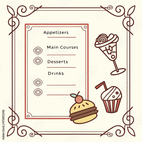 Menu card with appetizers, main courses, desserts and drinks