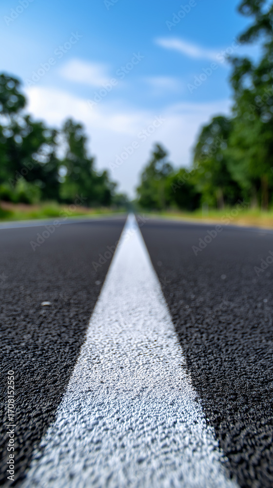Fototapeta premium Low angle view of empty asphalt road with white center line. 