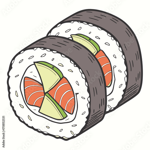 Delicious sushi roll with salmon and avocado