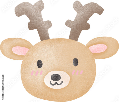 Cute Watercolor Reindeer Face Illustration with Antlers and Blush